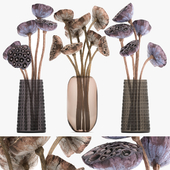 A set of bouquets of dried flowers in glass vases, dry Lotus branches, natural decor. 152.