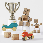 Wooden car, Dice, cup, robot toy