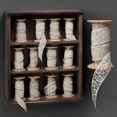 Shelf with spools of lace