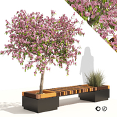 Wood Bench with Peach Flower & Grass Planter