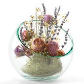 Bouquet with dry protea, lavender and white flowers