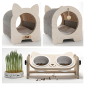 Hankko cat house with scratching post and feeder