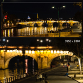 Panorama. Evening Paris. View of the Pont Neuf and the Eiffel Tower, the cathedral and the footpath.