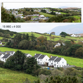 Autumn panorama. Northern Ireland. View of the village in the mountains.