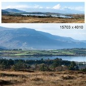 Autumn panorama. Northern Ireland. View of the mountains and the bay.