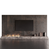 Decorated TV wall with fireplace