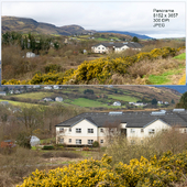 Panorama. View of the mountains, cottage and flowers. Spring. Northern Ireland.