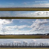 Panoramas with beautiful sky, field, trees and windmills