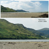 Summer panorama. View of the beach bottom of the atlantic ocean, mountains. Low tide.