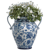 A flower bed of white flowers in an Italian hand-painted Italian vase by Santorini.Garden Container Pot Plant Provence