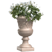 White Petunia flower in a classic flowerpot for decorating the facade.Petunia Plant Flowerpot