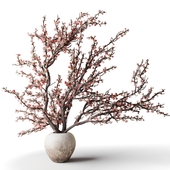 Branches with pink flowers in a clay vase