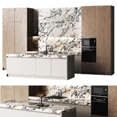 Modern kitchen with wooden facades and marble 2