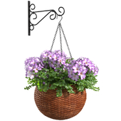 Hanging basket, flowerpot, rattan pot with flowers. Bracket for hanging plants.