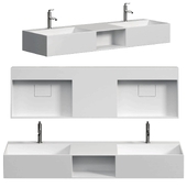 Double vasque murale en solid surface / pierre solide TWG235 - blanc mat - 150 x 45 x 20 cm