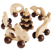 Wooden toys, animal rides and a pyramid in the shape of a Christmas tree