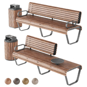 Park bench and wooden trash can
