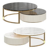 Round modern coffee table with stone top and fluted drawer in white and gold by HOMARY