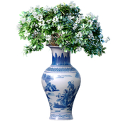 Букет белых цветов в китайской вазе горшке вазоне урне для декорирования. Комнатное растение