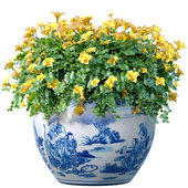 Букет желтых цветов в горшке вазоне урне с китайским узором для декорирования.Комнатное растение