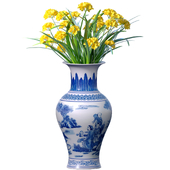 Букет желтых цветов в Китайской фарфоровой вазе горшке вазоне урне для декорирования. Комнатное растение