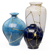 Set of blue Kintsugi vases