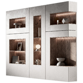 Modular rack set. Square rectangle niche. Decorated wooden built in wall shelves.