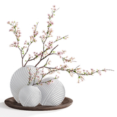 Blooming apricot branches in a vase on a tray