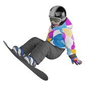 A child in overalls sits with a snowboard