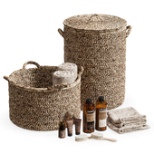 Bathroom set with baskets and skincare products