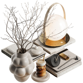 Decorative set with branch, books, coffee and lamp