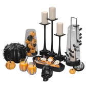 Halloween decor set with skull drinks and pumpkins