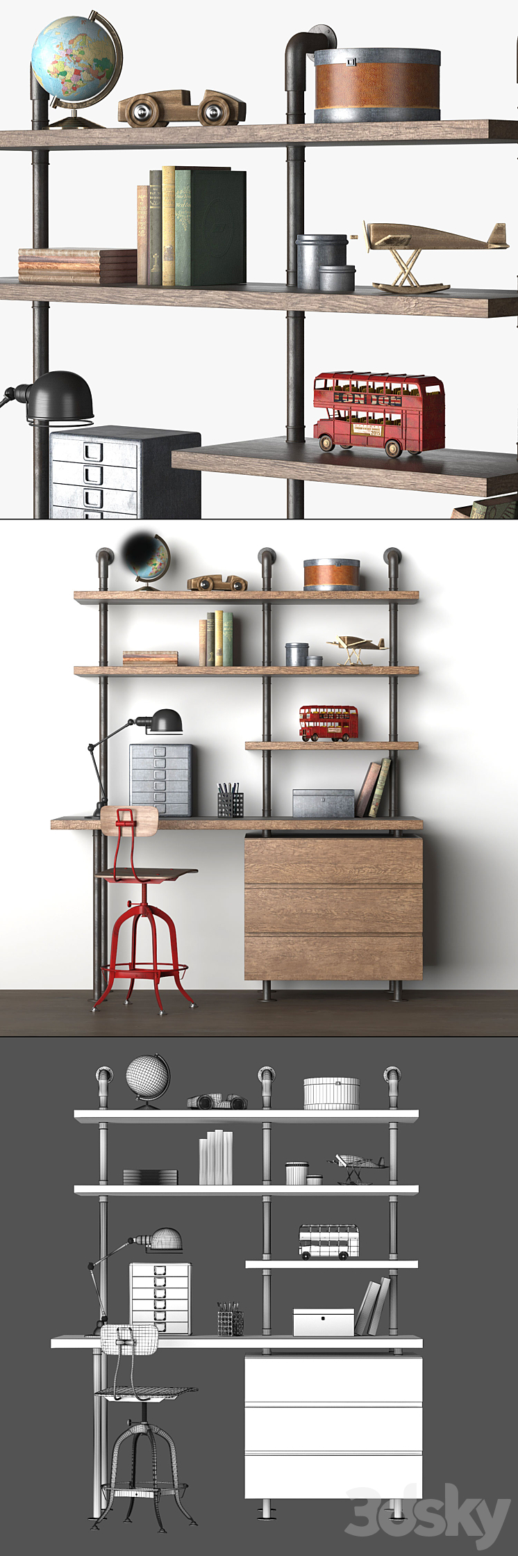 INDUSTRIAL PIPE SINGLE DESK & SHELVING WITH DRAWERS Table + Chair