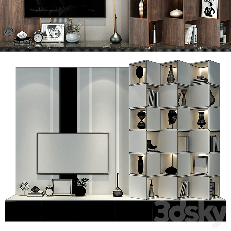 Plywood TV Shelf YTR81 TV Wall 3D model