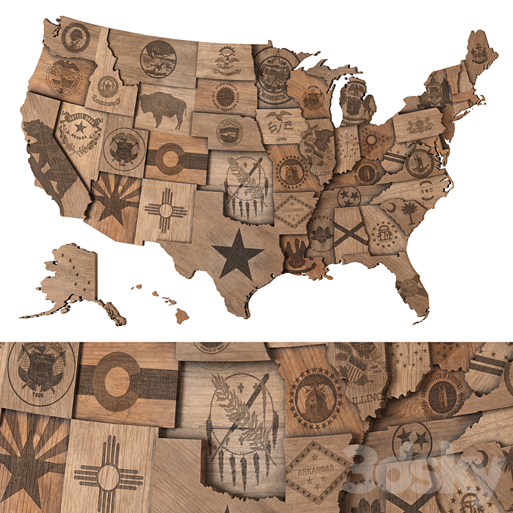 WOODEN USA WALL MAP set 02 Other decorative objects 3D model