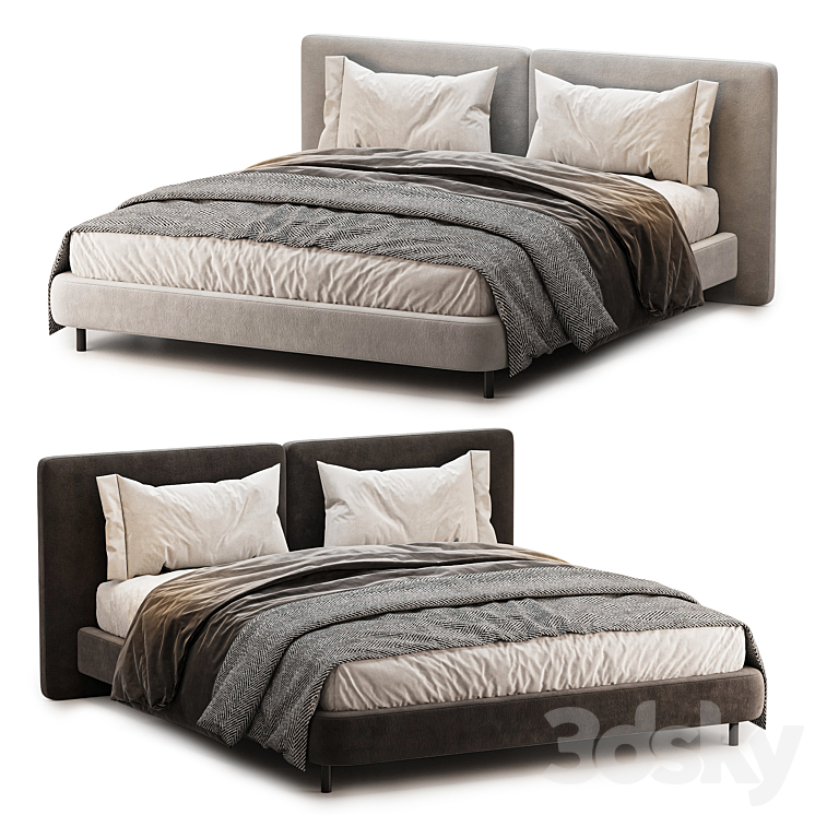 Modern Wood and Upholstery Panel Bed - Bed - 3D model