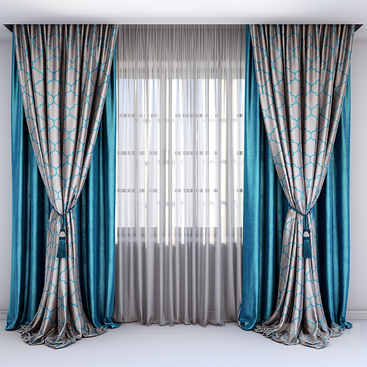 Шторы с подхватом - кистью в бирюзовых тонах. - Шторы - 3D модель
