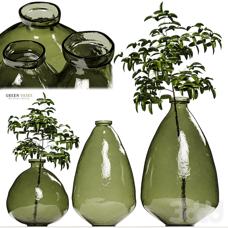 Zara Home Green Glass Vases with Plants Вазы 3D модель