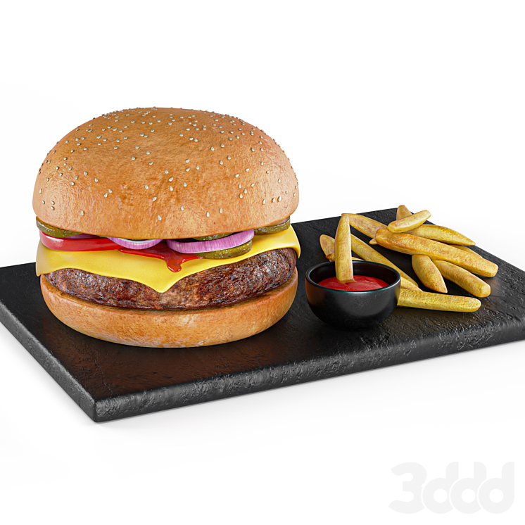 Бургер с картошкой фри - Еда и напитки - 3D модель