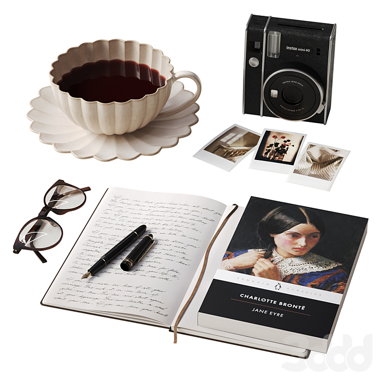 Vintage Teacup and Polaroid Camera with Book Set - Декоративный набор - 3D модель