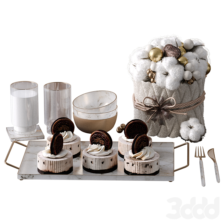 Tableware with bouquet and cheesecake cups 02 - Посуда - 3D модель