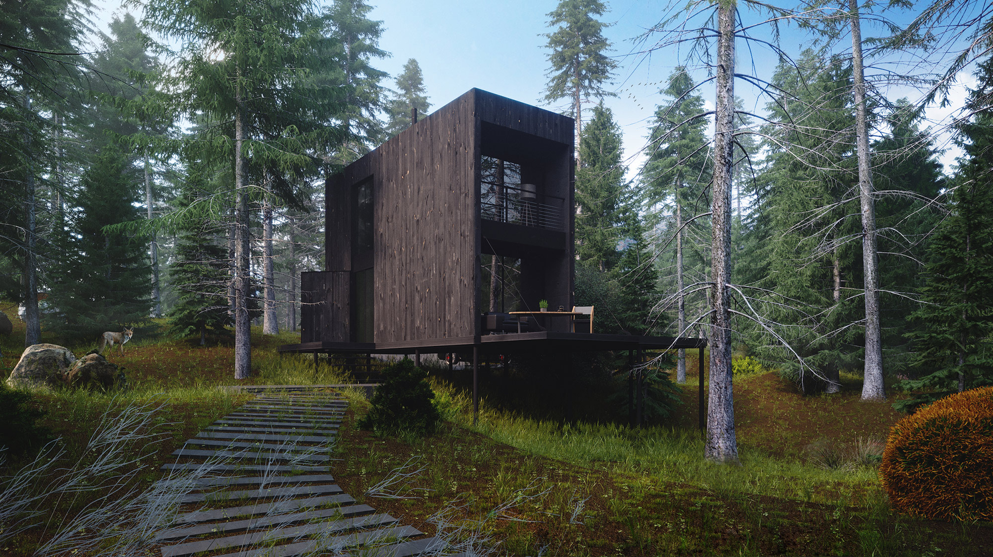 Визуализация домика в еловом лесу - Работа из галереи 3D Моделей